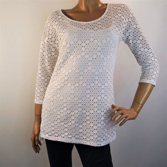 Peck And Peck White Tunic Top Cutout Pattern Stretch 3/4 Sleeve Lined Sz Small - Picture 8 of 9